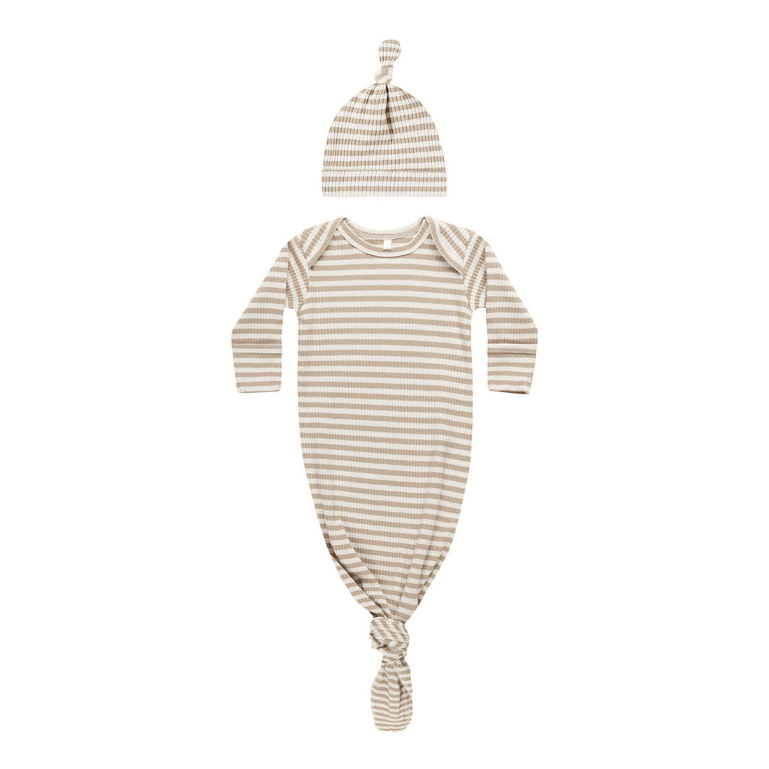 Quincy Mae Latte Stripe Knotted Baby Gown + Hat Set