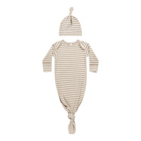 Quincy Mae Latte Stripe Knotted Baby Gown + Hat Set