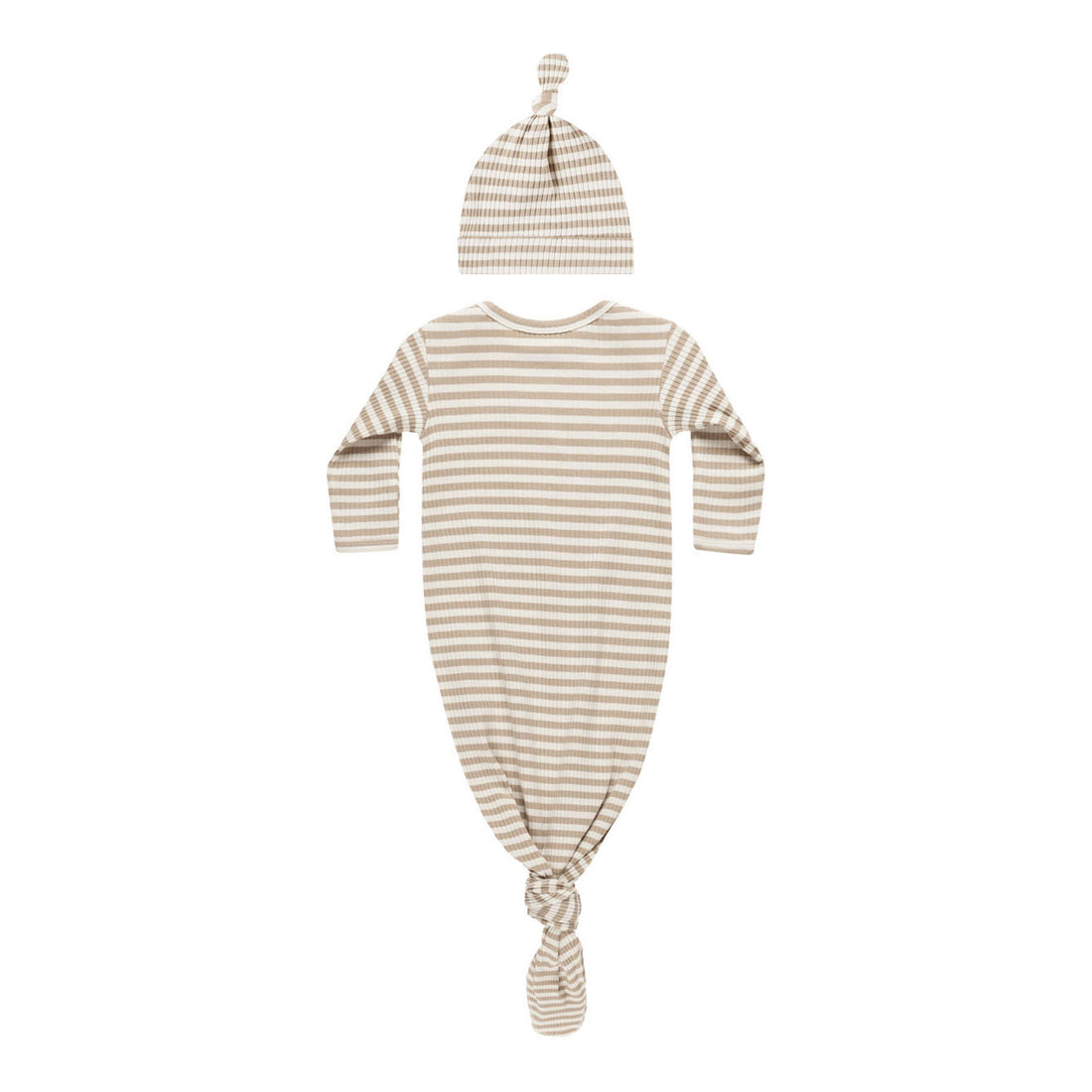 Quincy Mae Latte Stripe Knotted Baby Gown + Hat Set