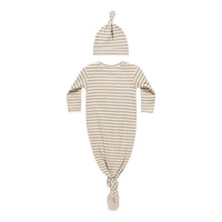 Quincy Mae Latte Stripe Knotted Baby Gown + Hat Set