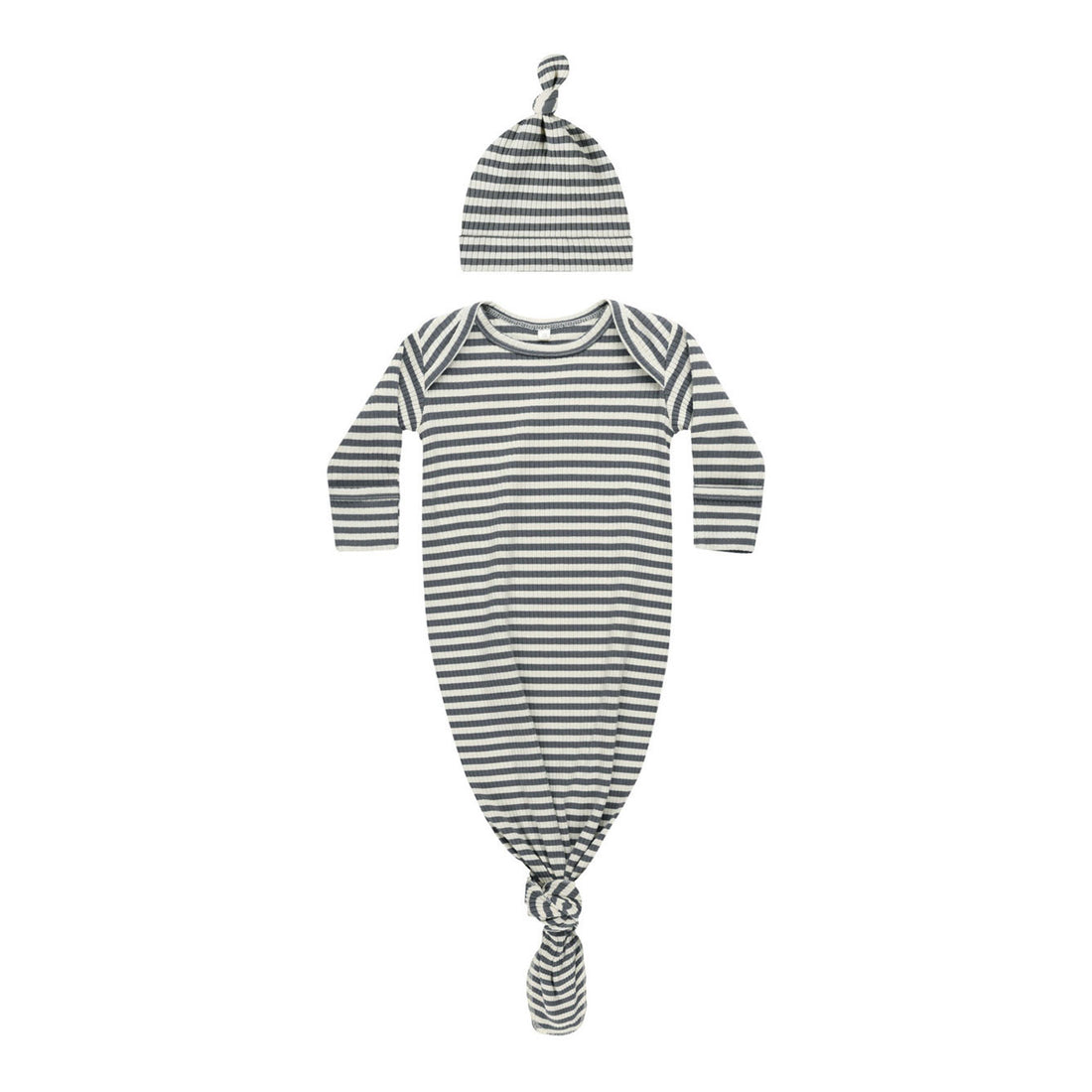 Quincy Mae Indigo Stripe Knotted Baby Gown + Hat Set