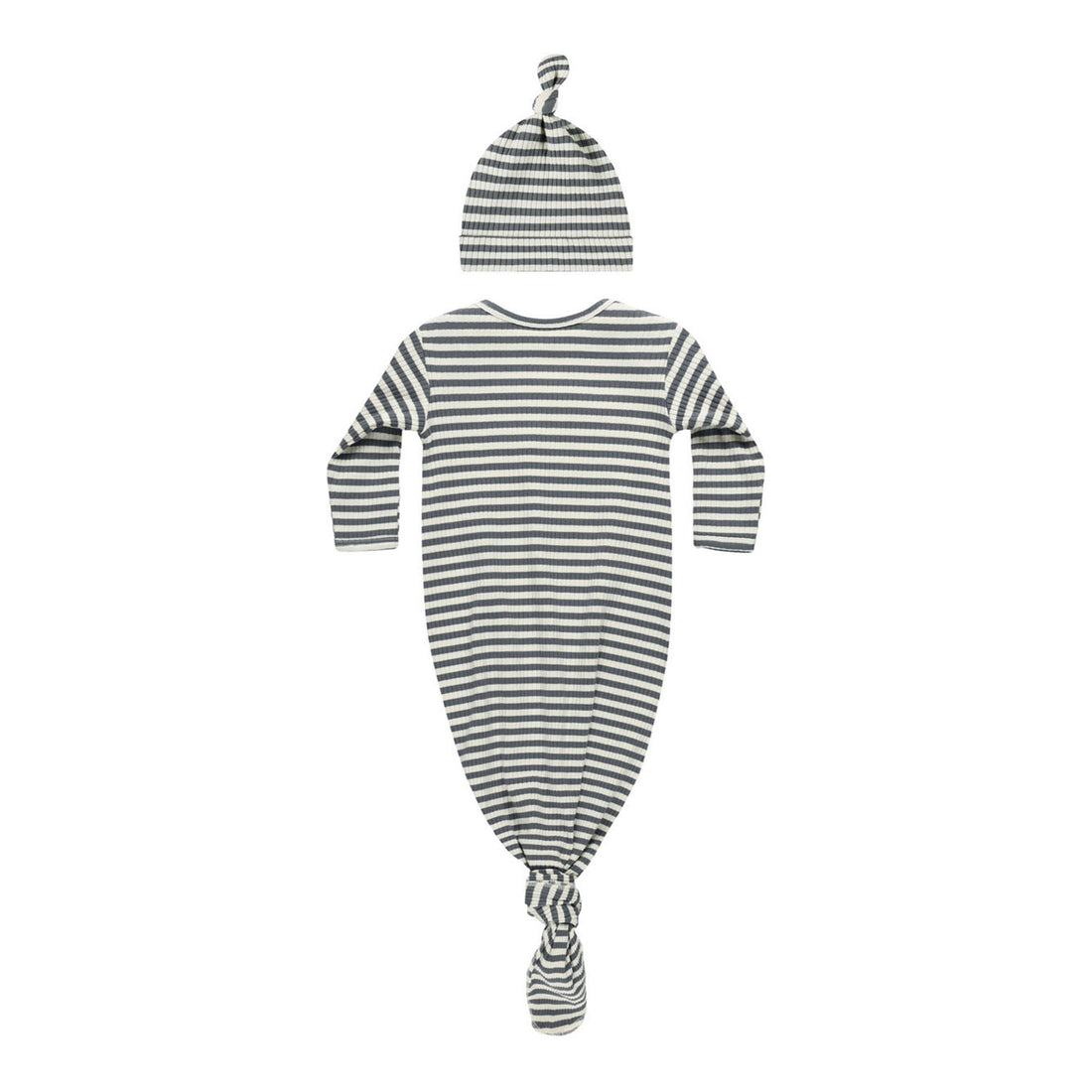 Quincy Mae Indigo Stripe Knotted Baby Gown + Hat Set