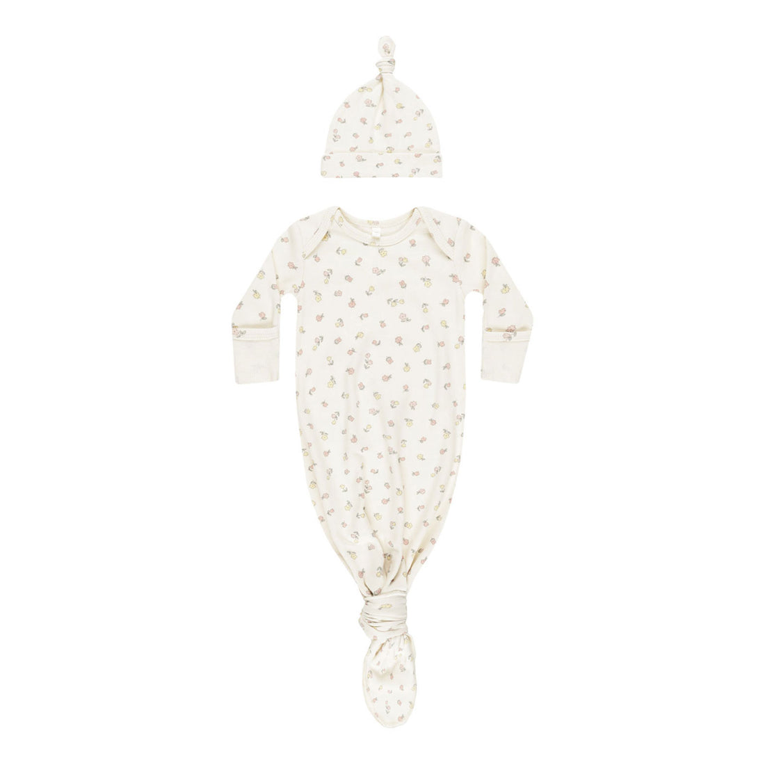 Quincy Mae Ivory Fleur Knotted Baby Gown + Hat Set
