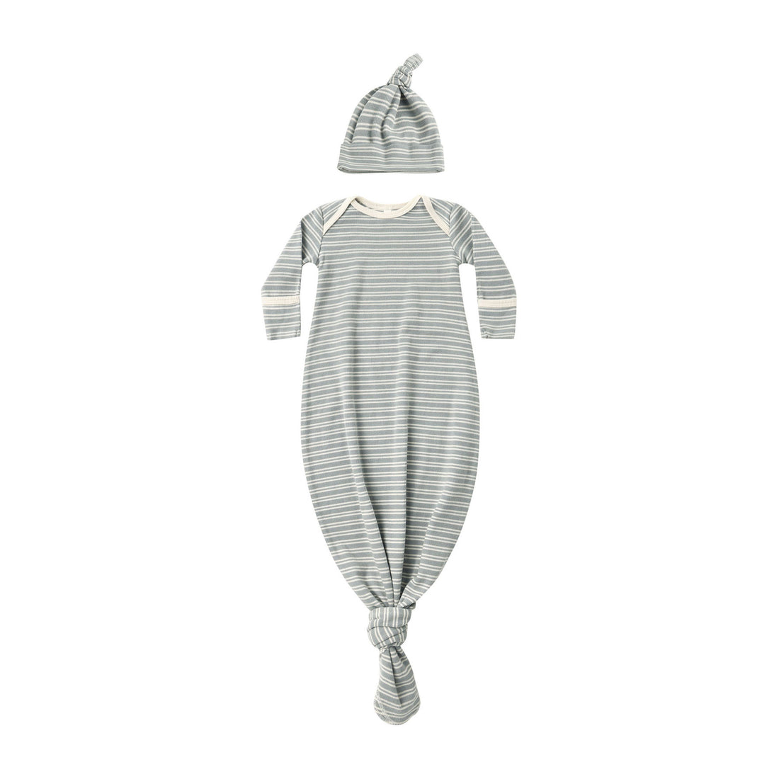 Quincy Mae Steel Blue Micro Stripe Knotted Baby Gown + Hat Set