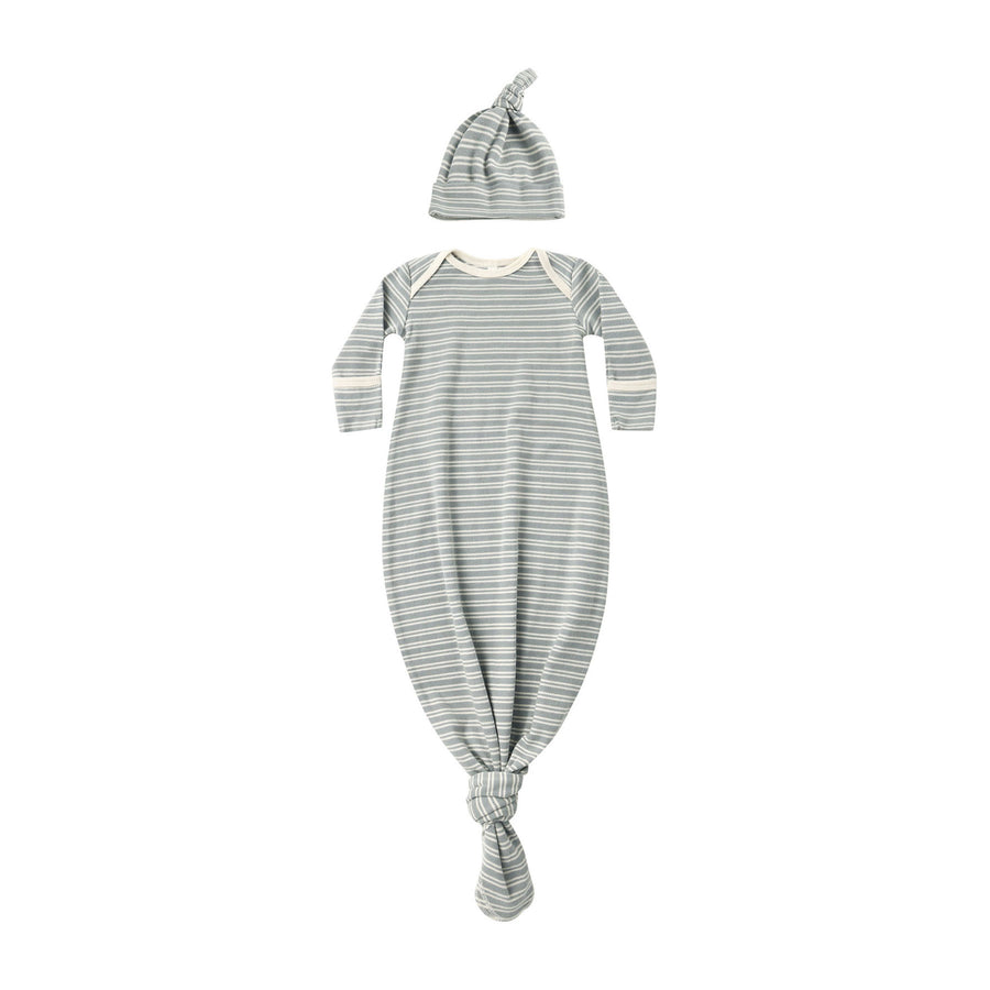 Quincy Mae Steel Blue Micro Stripe Knotted Baby Gown + Hat Set