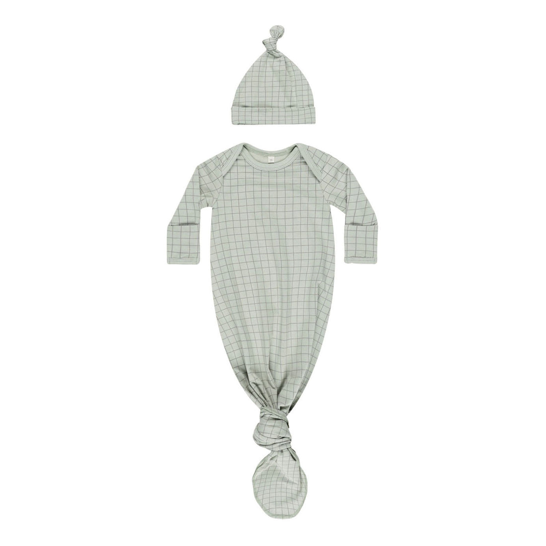 Quincy Mae Sage Grid Knotted Baby Gown + Hat Set