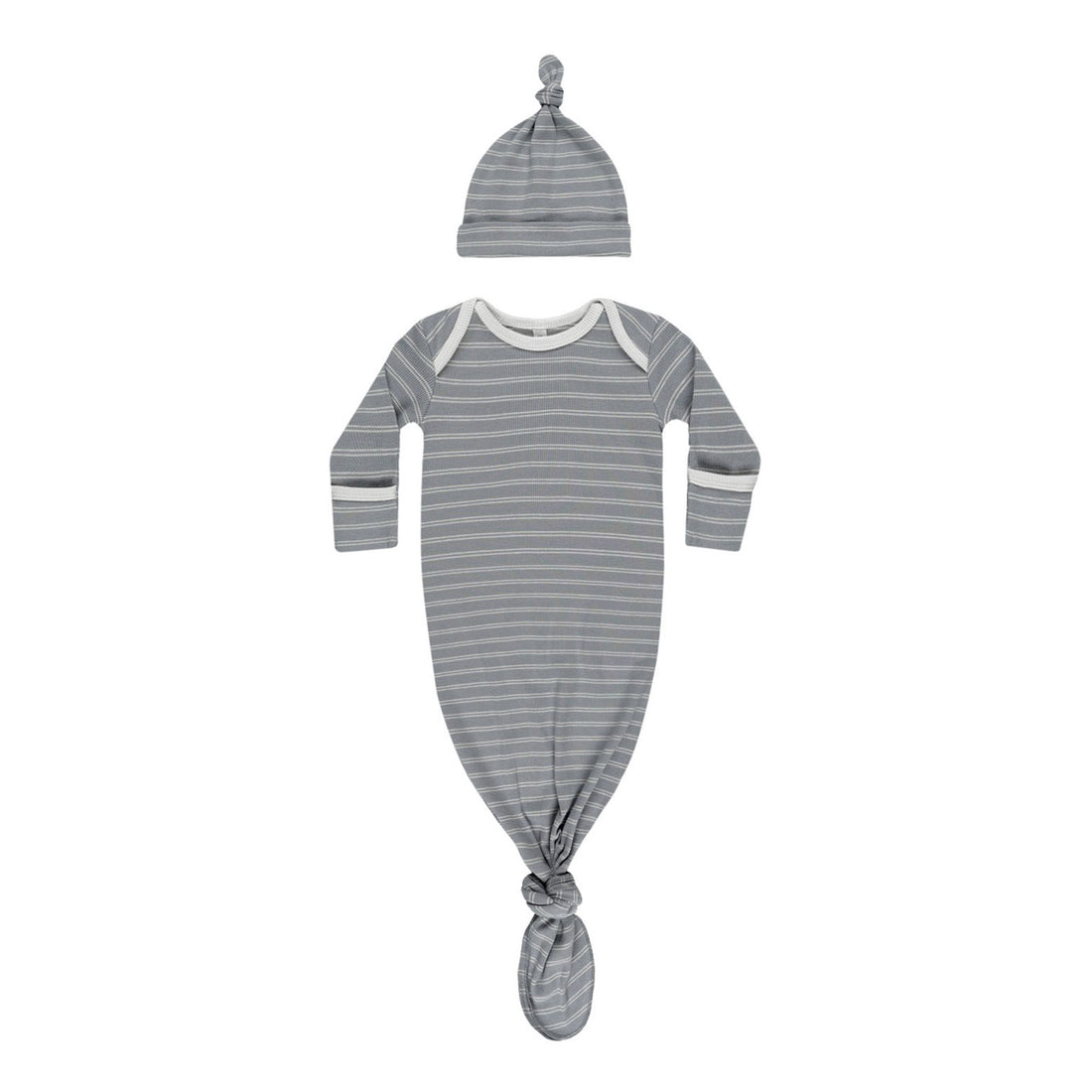 Quincy Mae Blue Pinstripe Knotted Baby Gown + Hat Set