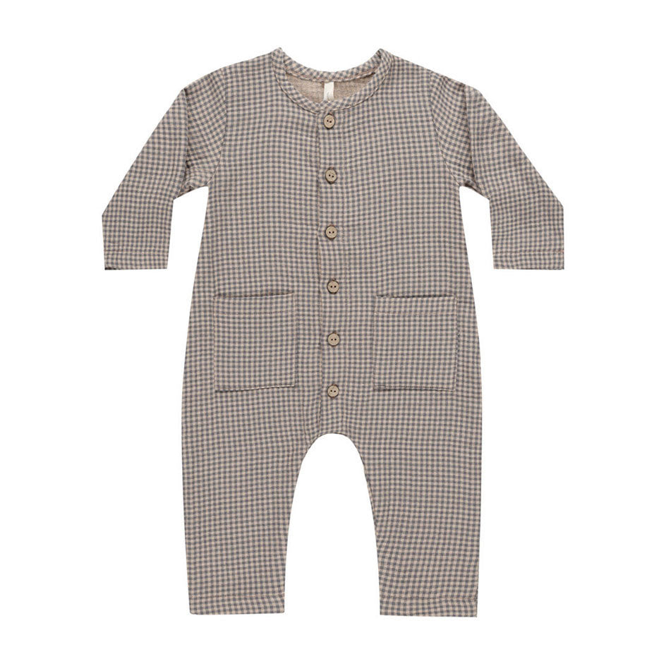 Quincy Mae Indigo Gingham Pocketed Woven Jumpsuit