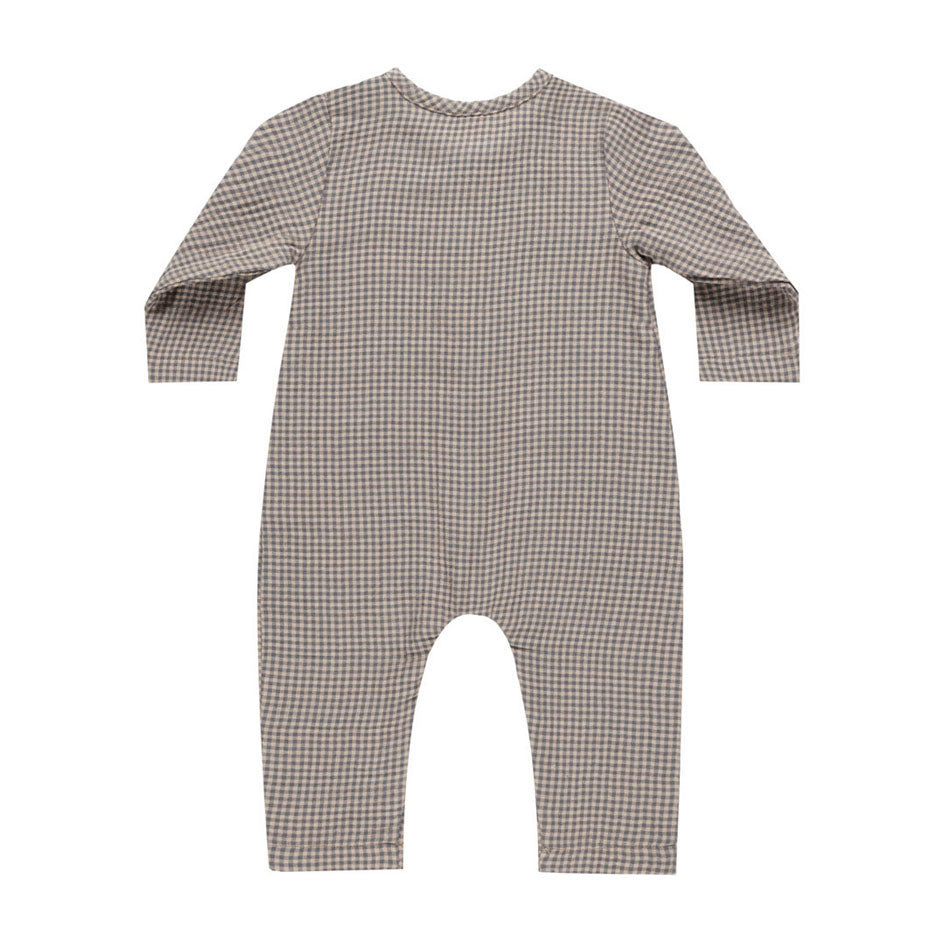 Quincy Mae Indigo Gingham Pocketed Woven Jumpsuit