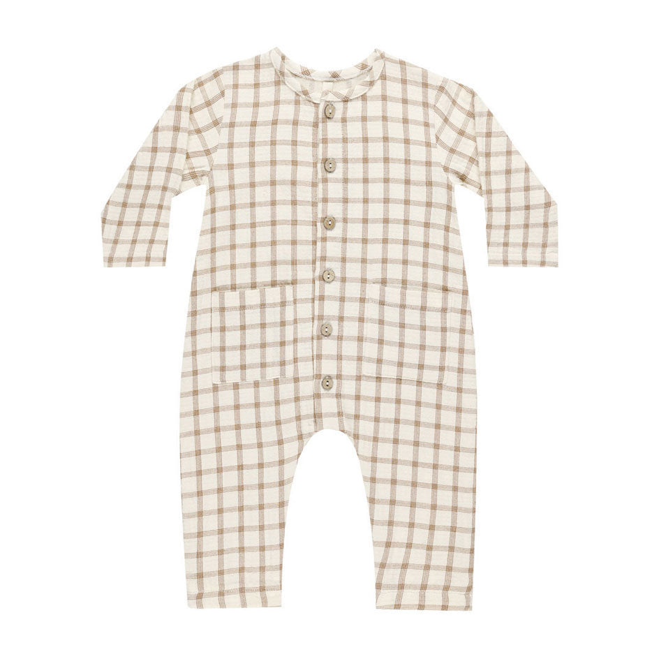 Quincy Mae Cinnamon Plaid Pocketed Woven Jumpsuit