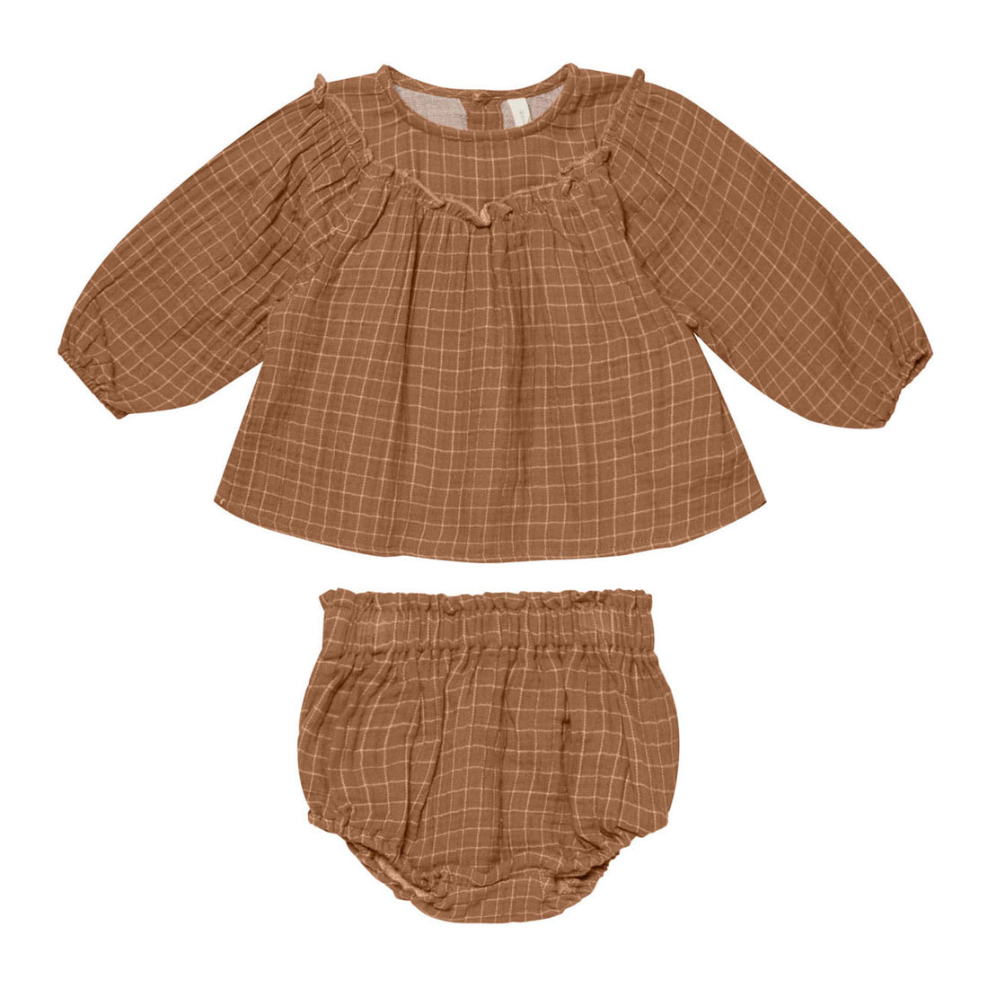 Quincy Mae Cinnamon Grid Balloon Sleeve Blouse + Bloomer Set