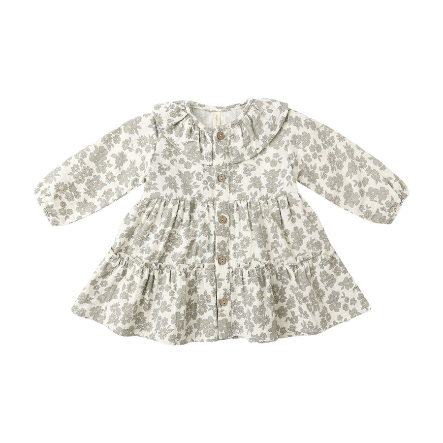 Quincy Mae Green Floral Ruffle Collar Button Dress