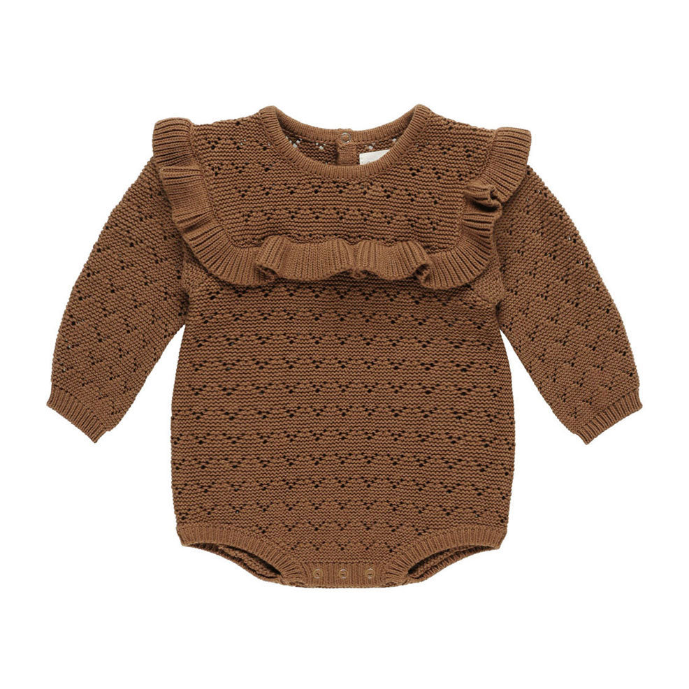 Quincy Mae Cinnamon Long Sleeve Pointelle Ruffle Romper