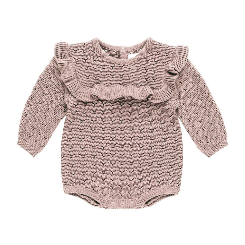 Quincy Mae Mauve Long Sleeve Pointelle Ruffle Romper
