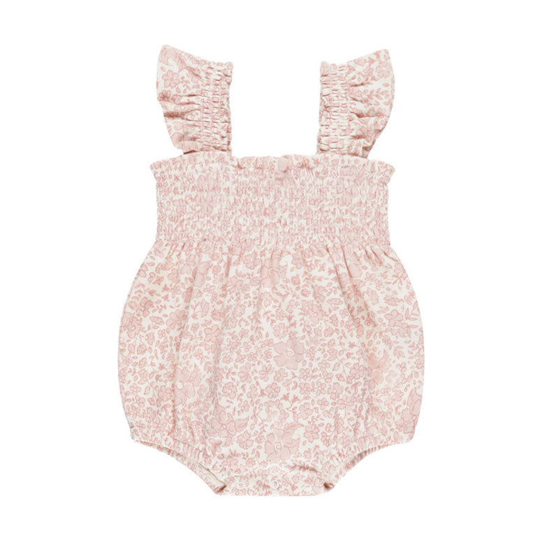 Quincy Mae Pink Blossom Smocked Ruffle Sleeve Romper