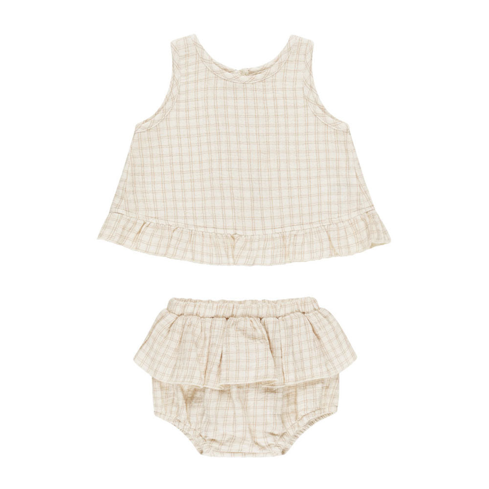 Quincy Mae Oat Check Ruffled Tulip Top + Bloomer Set