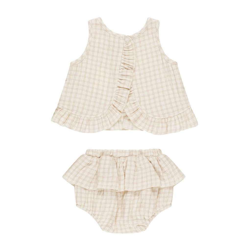 Quincy Mae Oat Check Ruffled Tulip Top + Bloomer Set