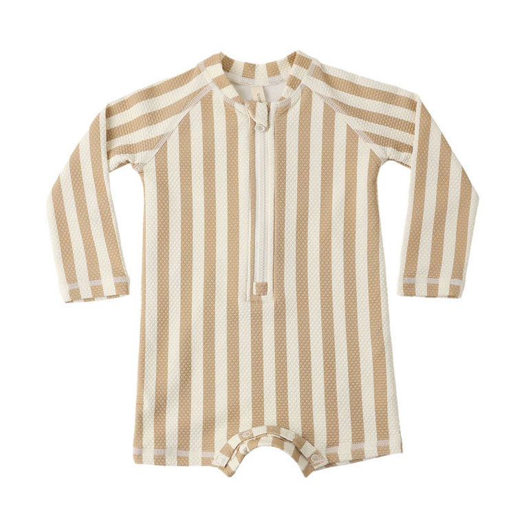 Quincy Mae Retro Latte Stripe Long Sleeve One-Piece Rashguard