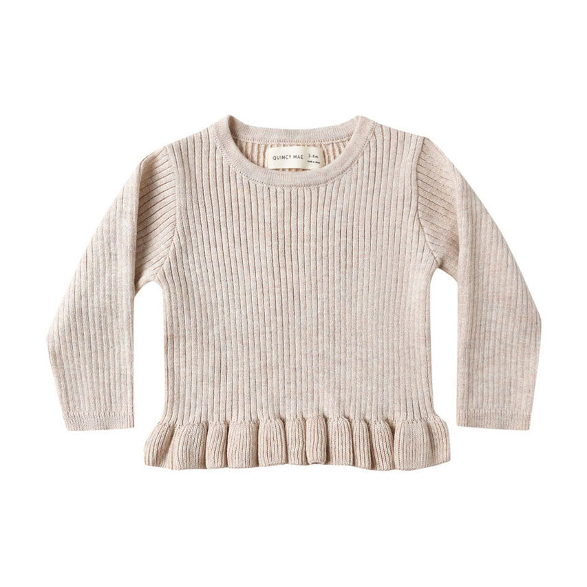 Quincy Mae Heathered Oatmeal Rib Knit Peplum Top