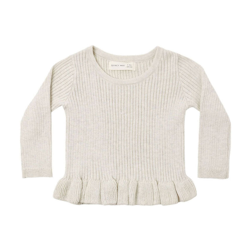 Quincy Mae Heathered Oatmeal Rib Knit Peplum Top