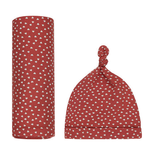 Quincy Mae Red Tiny Hearts Bamboo Swaddle & Knotted Hat