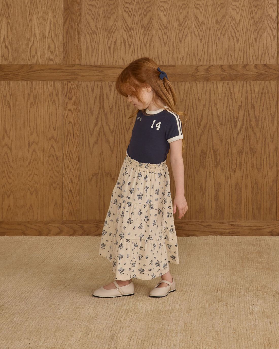 Rylee and Cru Blue Floral Ruffle Tiered Midi Skirt