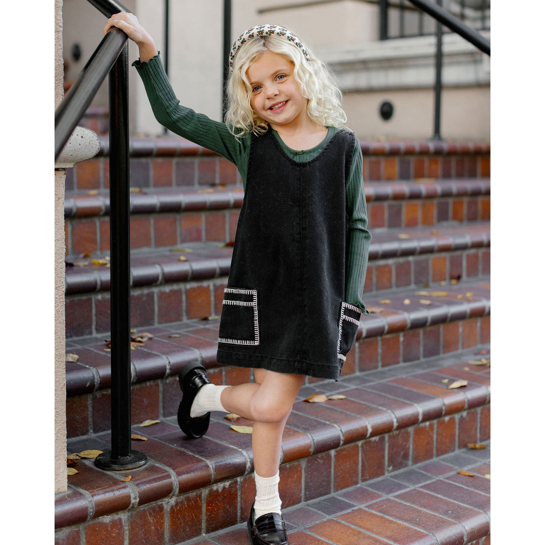Rylee and Cru Washed Black V-Neck Overall Dress