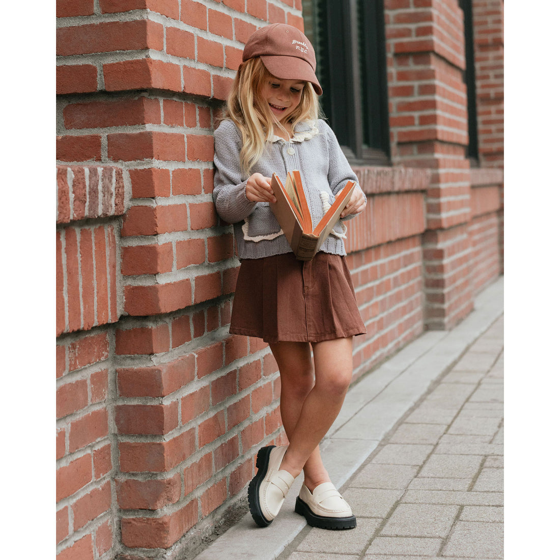 Rylee and Cru Washed Brown Pleated Denim Skirt