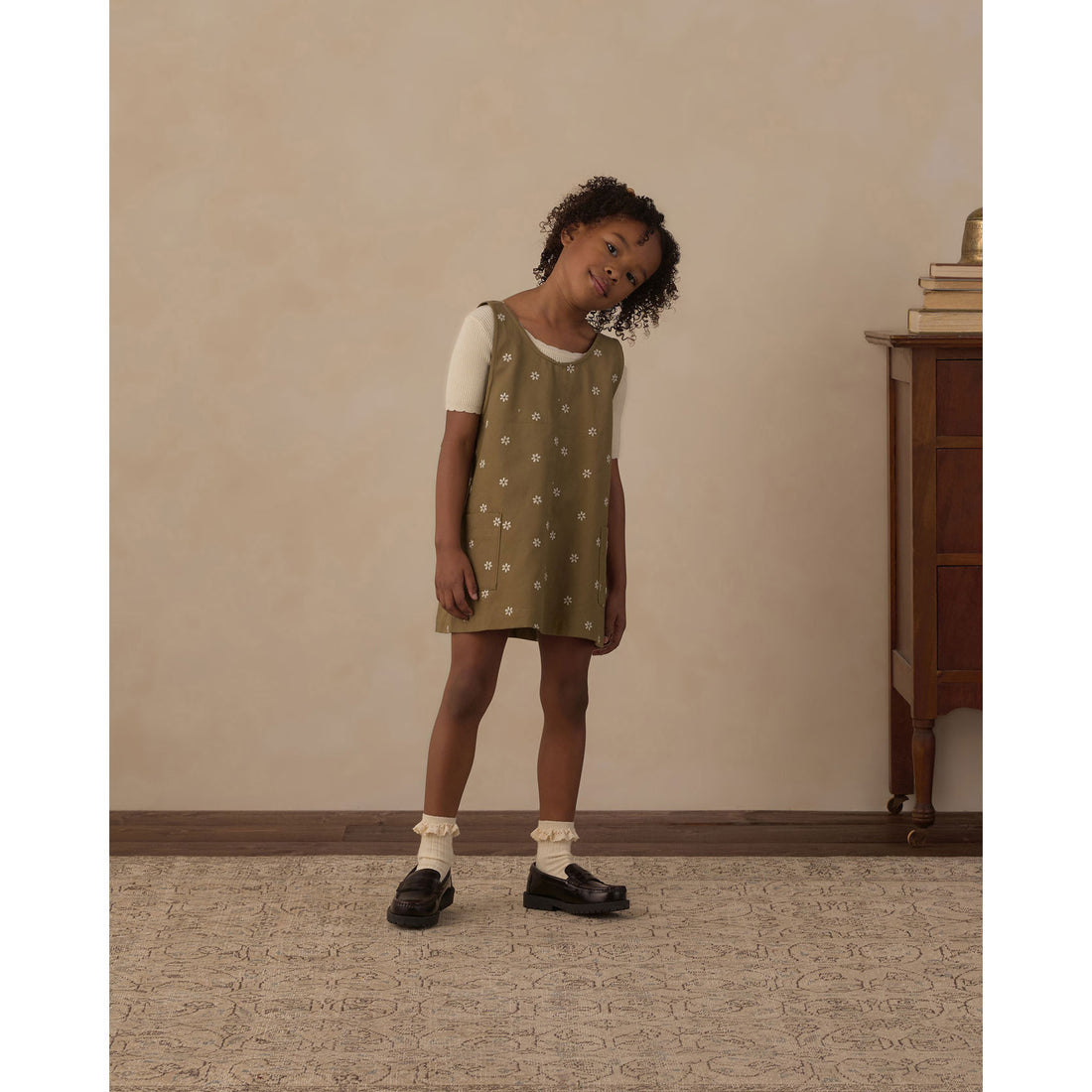 Rylee and Cru Olive Embroidered Daisies V-Neck Overall Dress