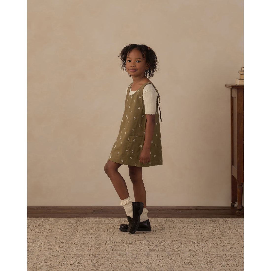 Rylee and Cru Olive Embroidered Daisies V-Neck Overall Dress