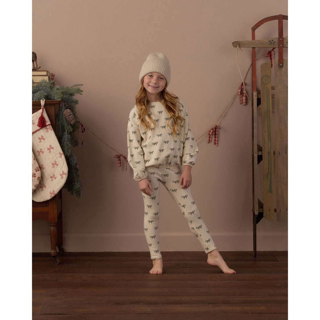 Rylee and Cru Natural Evergreen Bows Spongey Knit Set