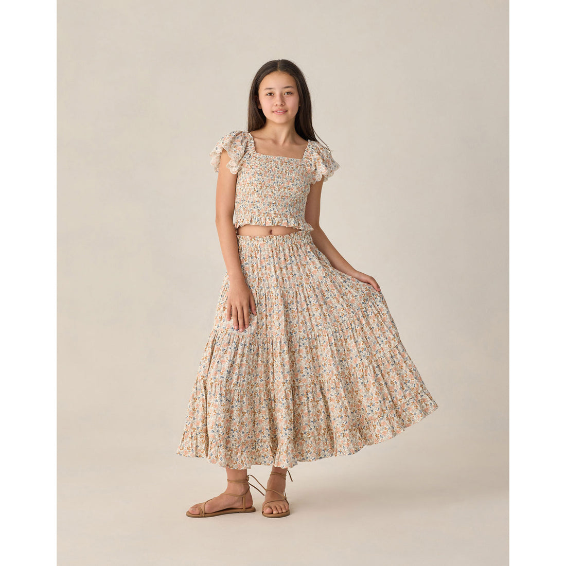 Rylee and Cru  Ivory Flower Fields Teen Ruffle Tiered Maxi Skirt