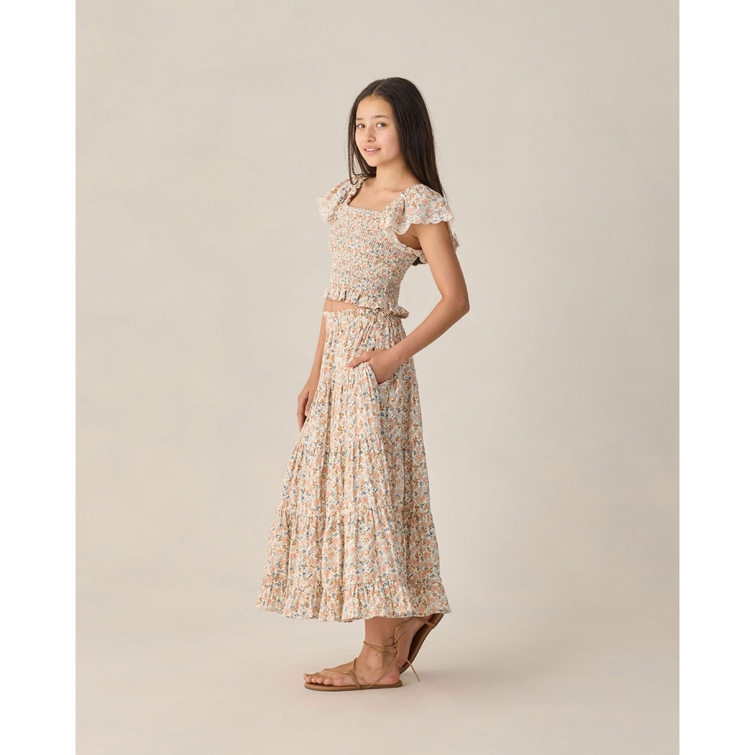 Rylee and Cru  Ivory Flower Fields Teen Ruffle Tiered Maxi Skirt