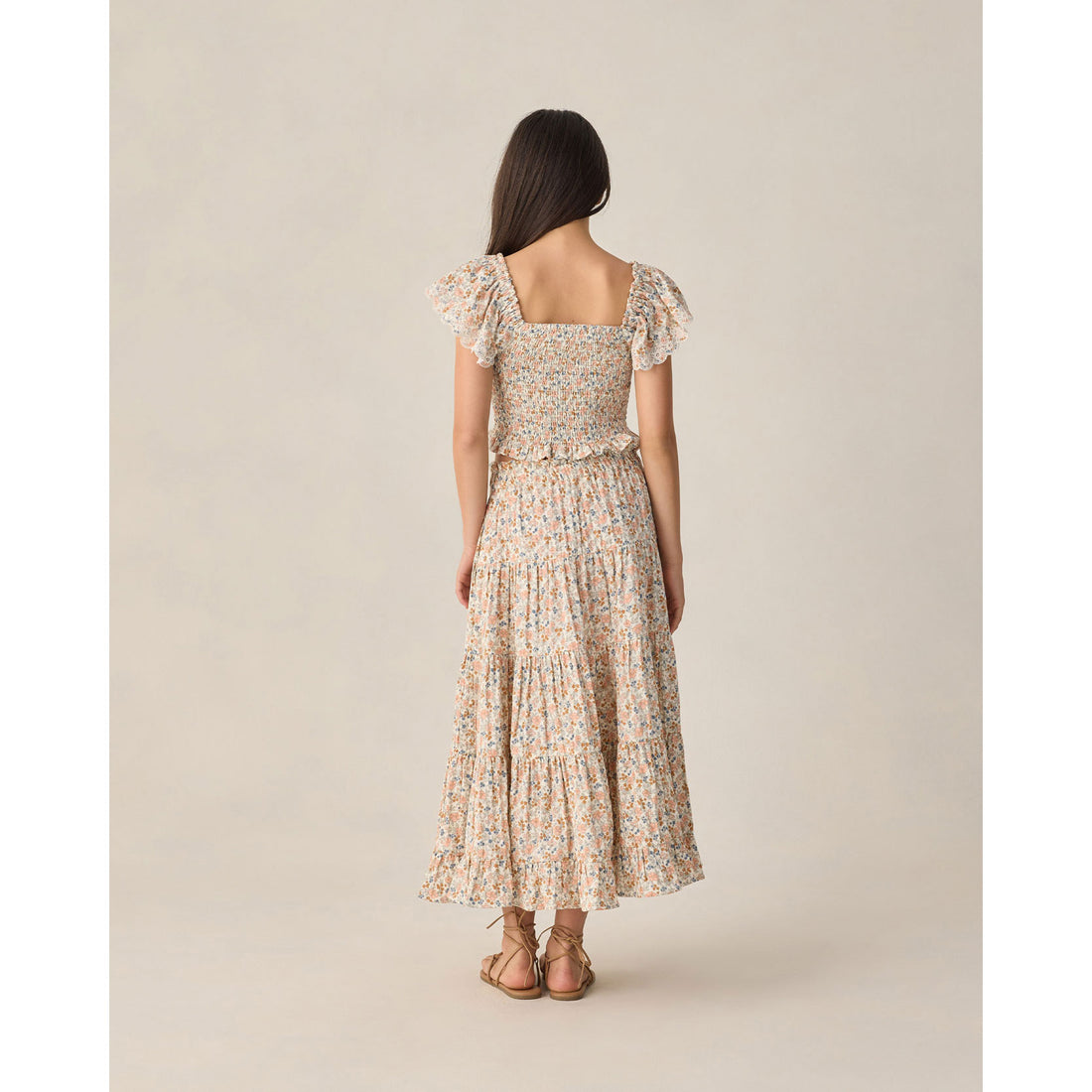 Rylee and Cru  Ivory Flower Fields Teen Ruffle Tiered Maxi Skirt