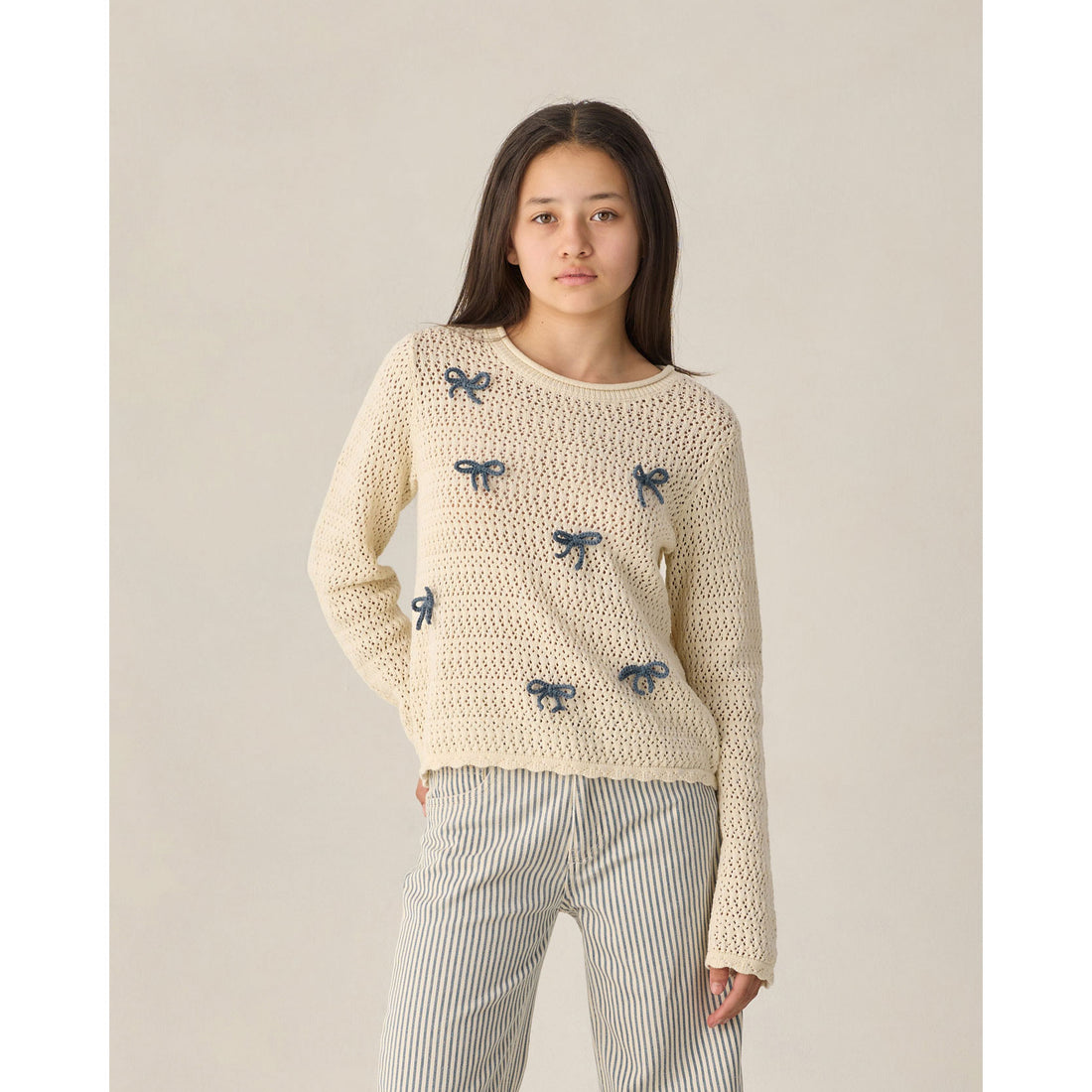 Rylee and Cru  Natural  Bows Teen Crochet Knit Pullover