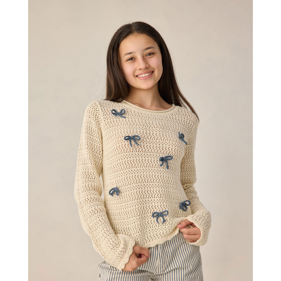 Rylee and Cru  Natural  Bows Teen Crochet Knit Pullover