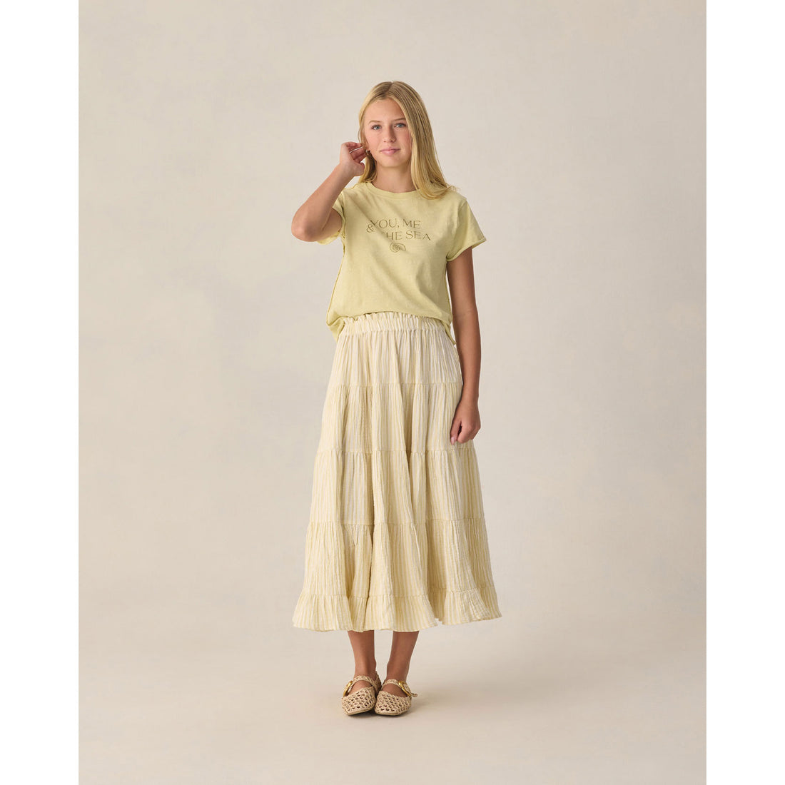 Rylee and Cru  Citron Stripe Ruffle Tiered Maxi Skirt