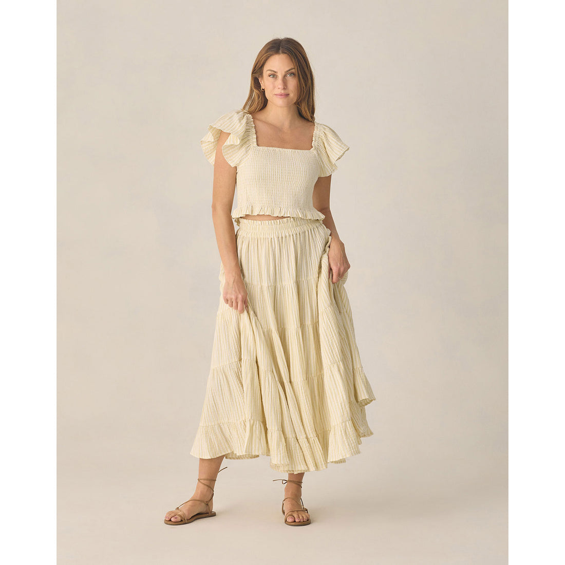 Rylee and Cru  Citron Stripe Ruffle Tiered Women Maxi Skirt