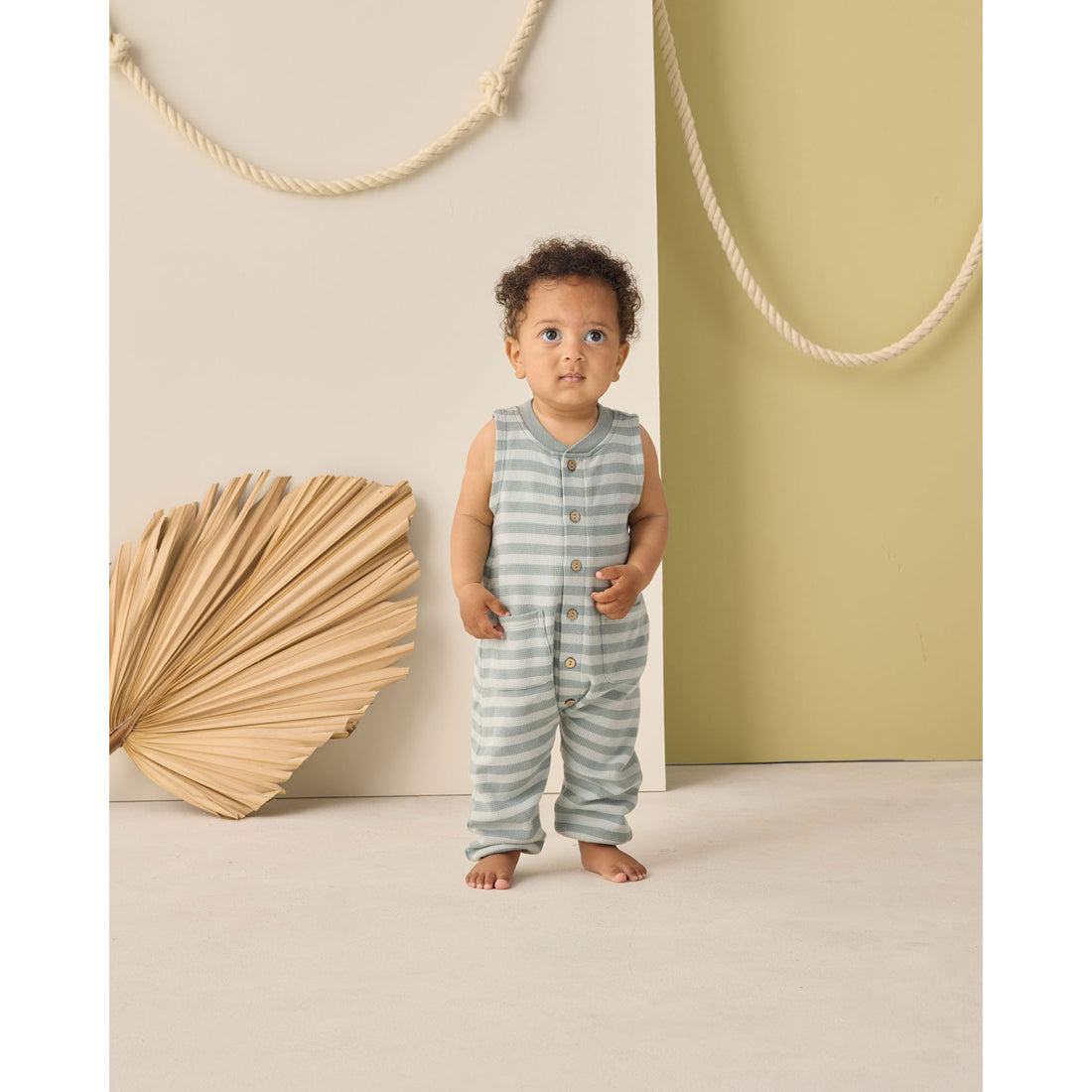 Rylee and Cru  Sea Green Stripe Summer Waffle Jumpsuit