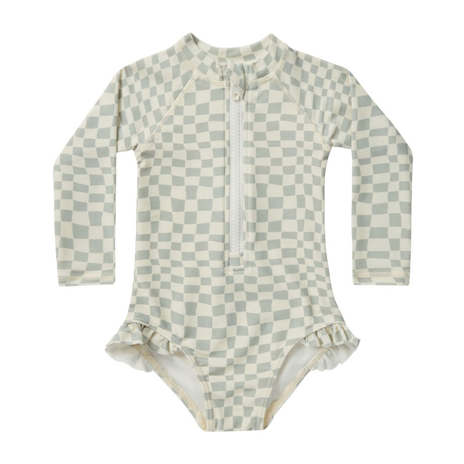 Rylee and Cru Seafoam Check Rash Guard One-Piece