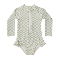 Rylee and Cru Seafoam Check Rash Guard One-Piece