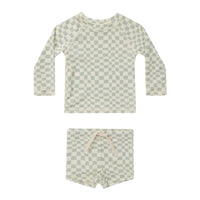 Rylee and Cru Seafoam Check Rash Guard Boy Swim Set