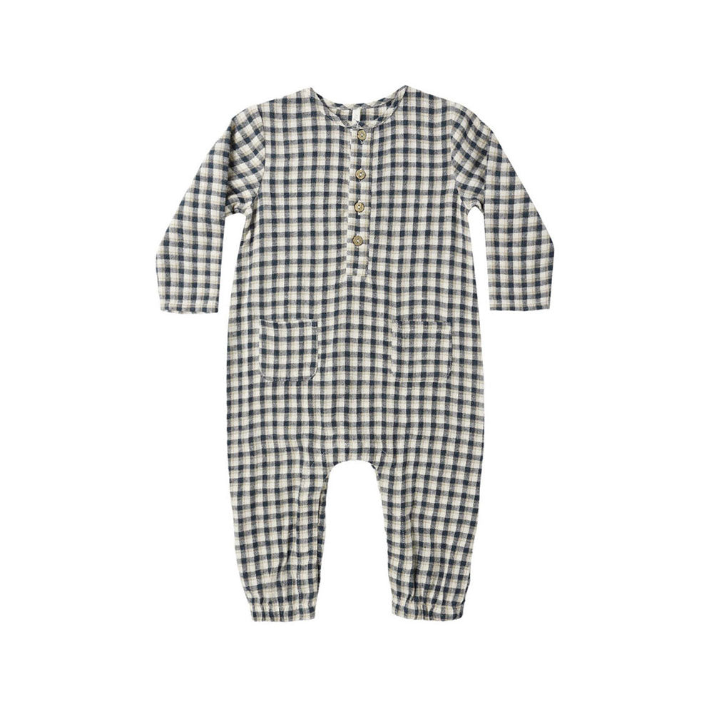 Rylee and Cru Navy Check Long Sleeve Woven Jumpsuit