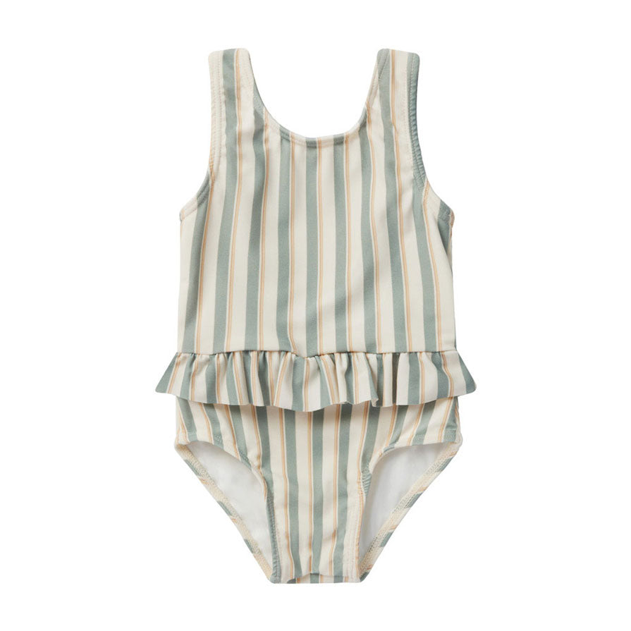 Rylee and Cru Aqua Stripe Skirted Swim One-Piece