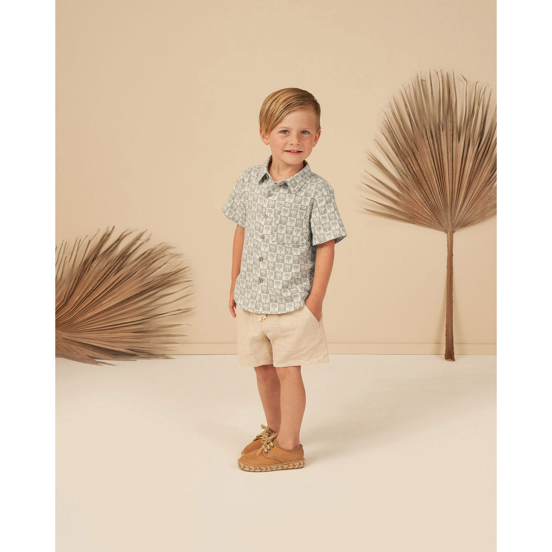 Rylee and Cru Palm-Check Collared Short Sleeve Shirt - Palm Check