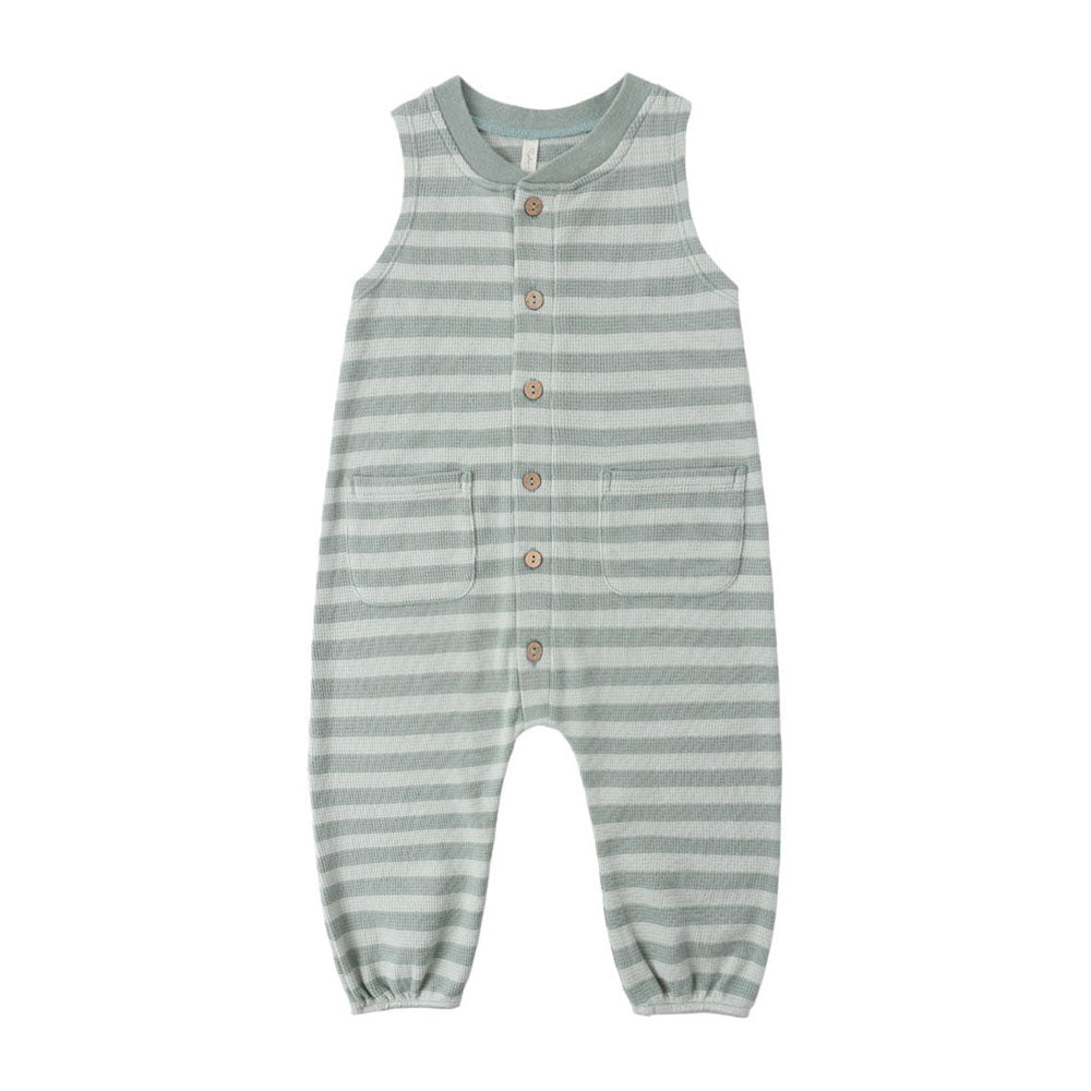Rylee and Cru  Sea Green Stripe Summer Waffle Jumpsuit