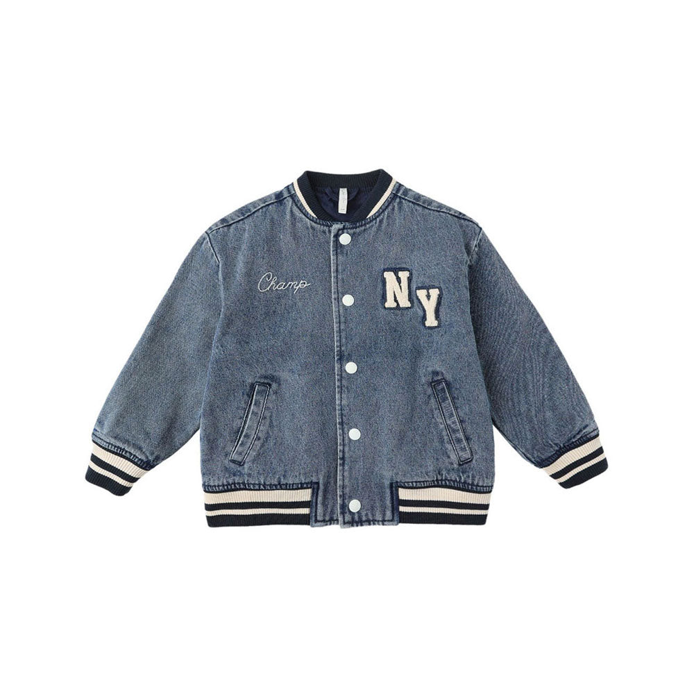 Rylee and Cru Indigo Denim Varsity Jacket