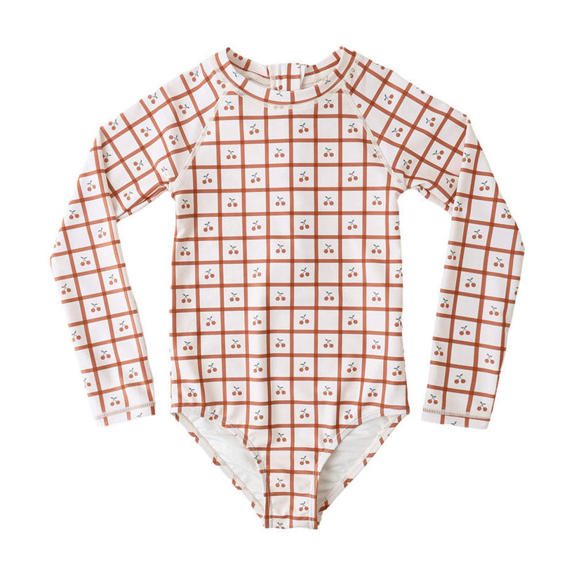 Rylee and Cru Cherry Check Delphine Rashguard One-Piece