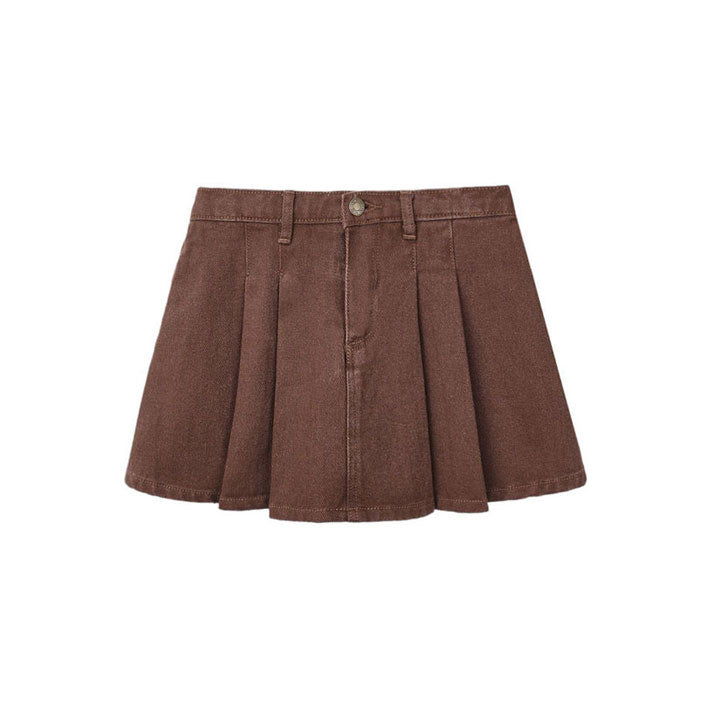 Rylee and Cru Washed Brown Pleated Denim Skirt