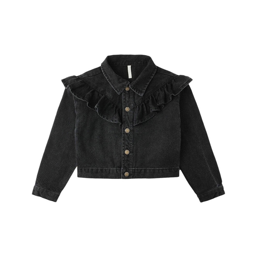 Rylee and Cru Washed Black Ruffle Denim Jacket
